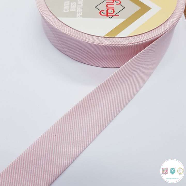Bias Binding White Stripes on Baby Pink - 30mm Wide by Fany