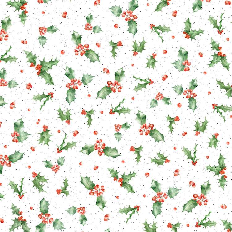 Quilting Fabric - Holly With Speckles on White from One Snowy Day by Hannah Dale for Maywood Studio MASD10376-W
