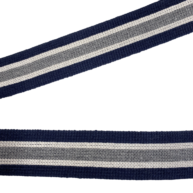 Bag Webbing - 40mm Cotton Blend in Navy Blue with Ecru and Grey Stripe