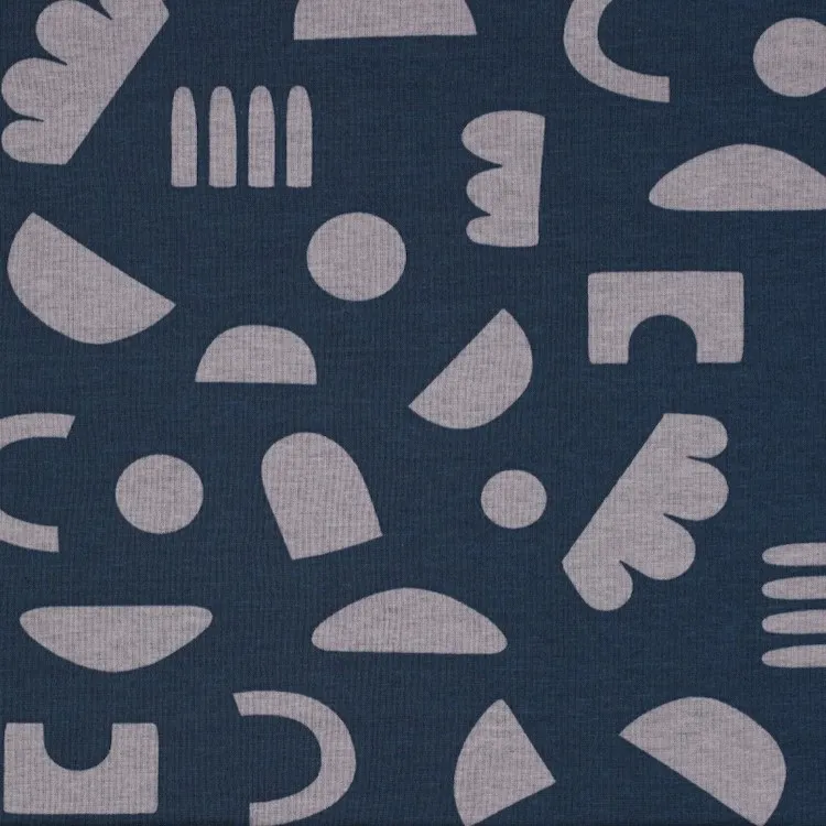 Alpen Fleece Sweatshirt Fabric with Abstract Shapes on Blue