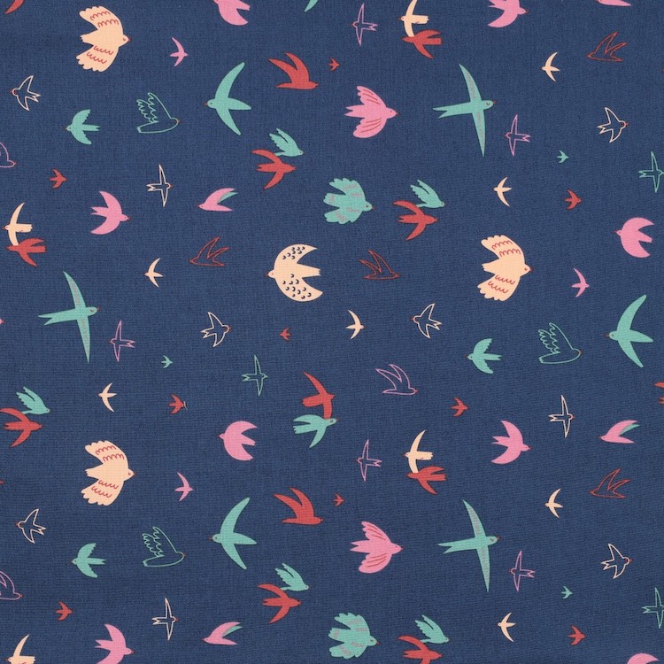 Cotton Poplin Fabric with Colourful Birds on Navy Blue
