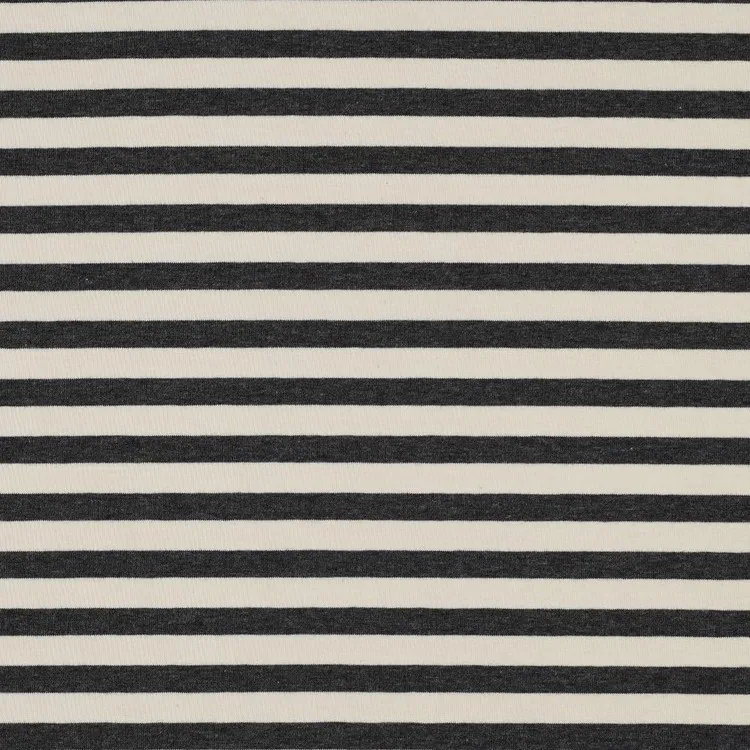 Yarn Dyed Cotton Jersey Fabric in Dark Grey Melange and Off White Stripes