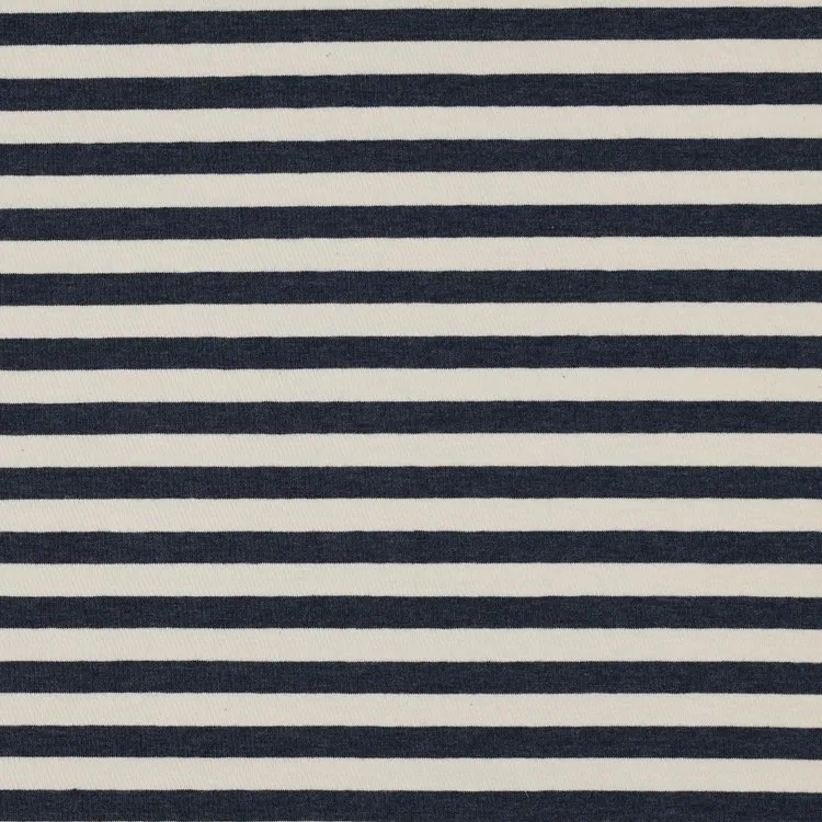 Yarn Dyed Cotton Jersey Fabric in Navy Blue Melange and Off White Stripes