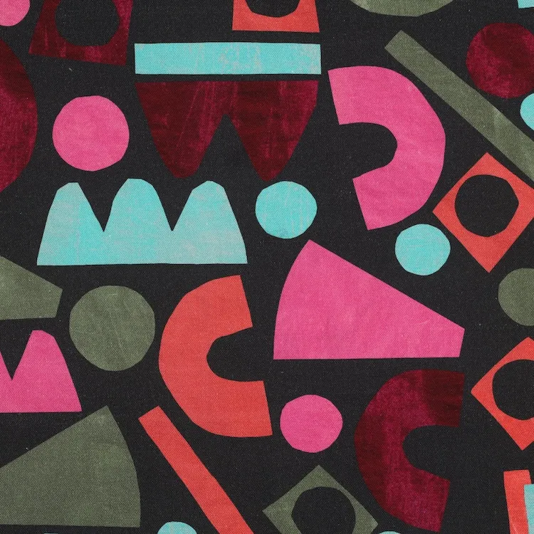 Cotton Canvas Fabric with Abstract Colourful Shapes on Charcoal Black - Unstable Balance by Nerida Hansen