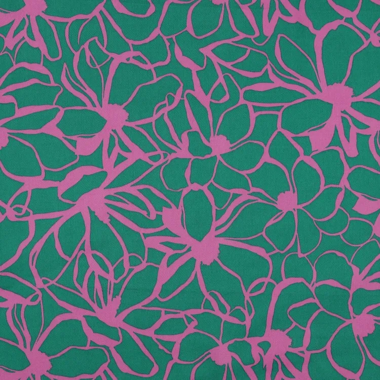 Cotton Satin Fabric with Pink Flower Sketch Lines on Green - Magnolias by Nerida Hansen