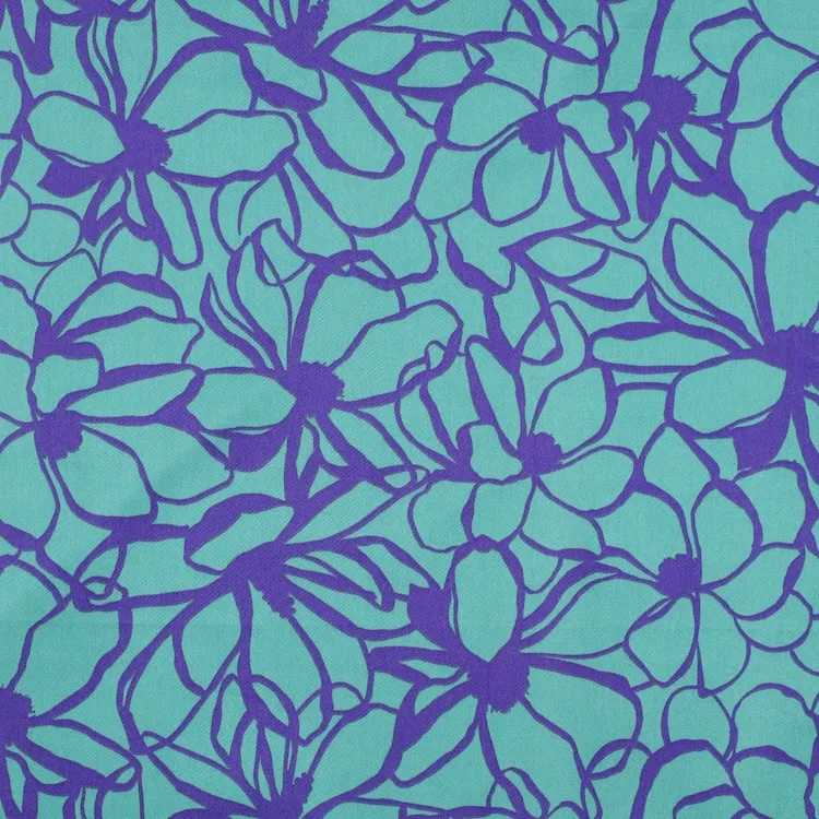 Cotton Satin Fabric with Purple Flower Sketch Lines on Sea Green - Magnolias by Nerida Hansen