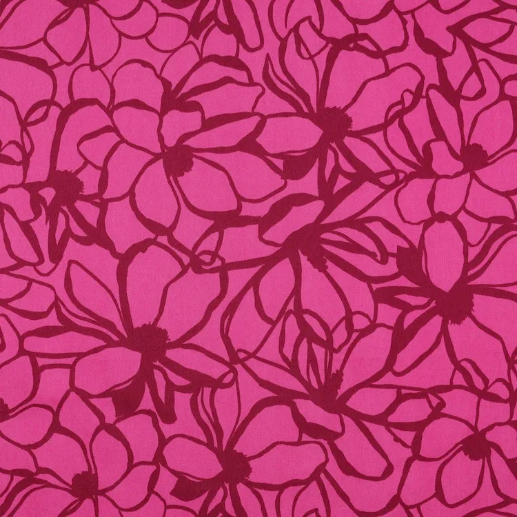 Cotton Satin Fabric with Red Flower Sketch Lines on Pink - Magnolias by Nerida Hansen 