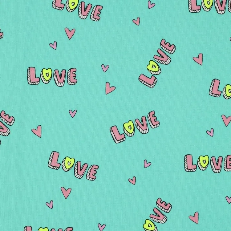 Cotton Jersey Fabric with Neon Love Text on Aqua Blue