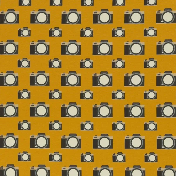 French Terry Fabric with Retro Cameras On Mustard Yellow