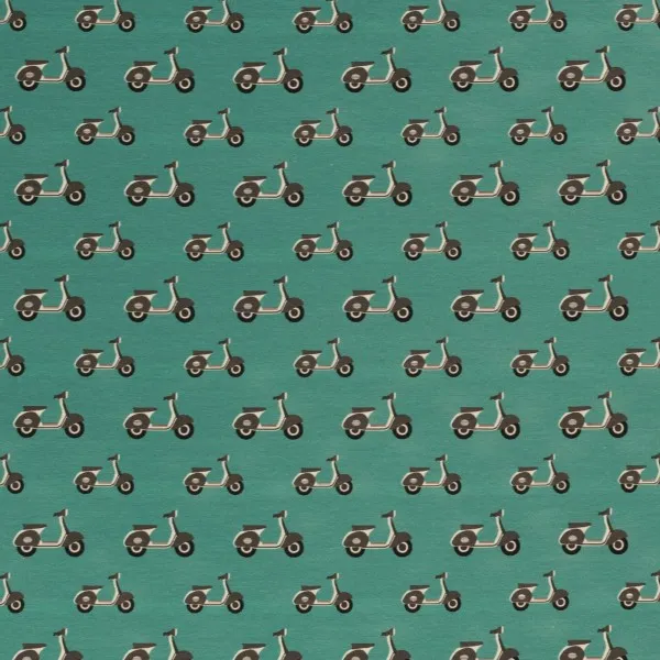 French Terry Fabric with Retro Mopeds On Teal