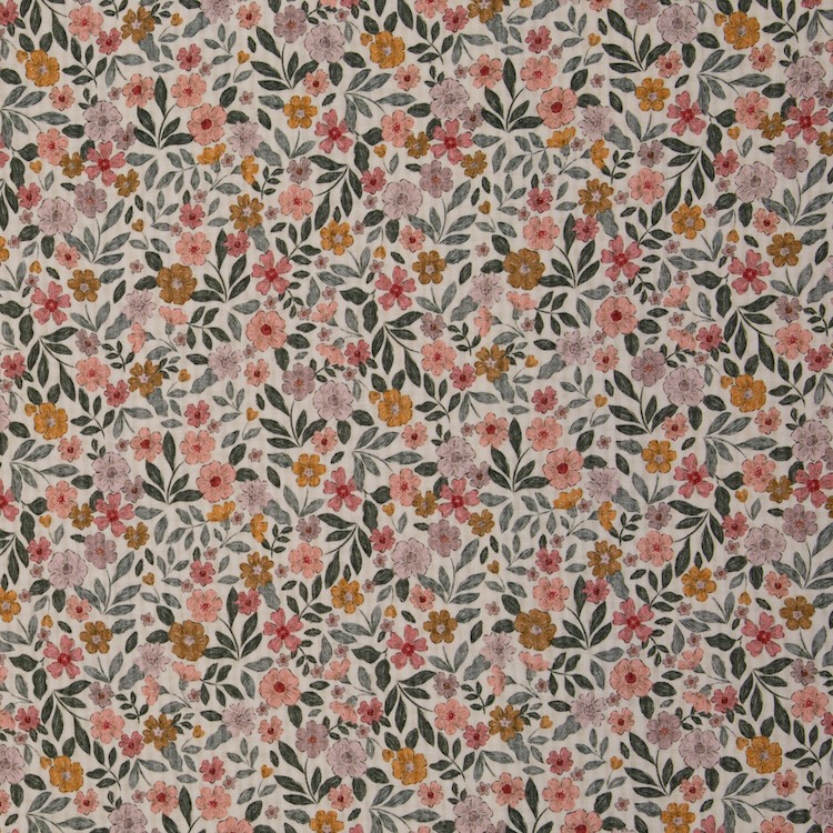 Double Gauze Fabric with Pink Tone Florals on Ecru