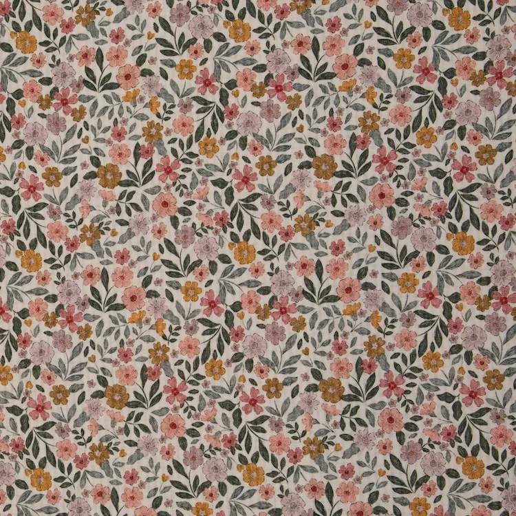 Double Gauze Fabric with Pink Tone Florals on Ecru