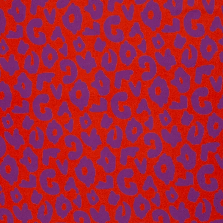 Viscose Fabric with Purple Leopard Print on Bright Orange