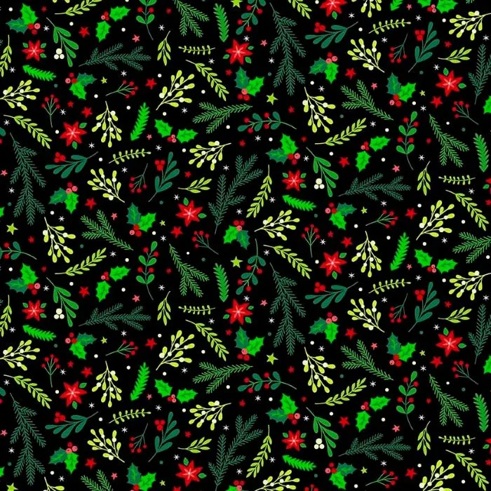 Quilting Fabric - Greenery on Black with Metallic Accents from Christmas Magic by Patrick Lose for Northcott 10031M-99