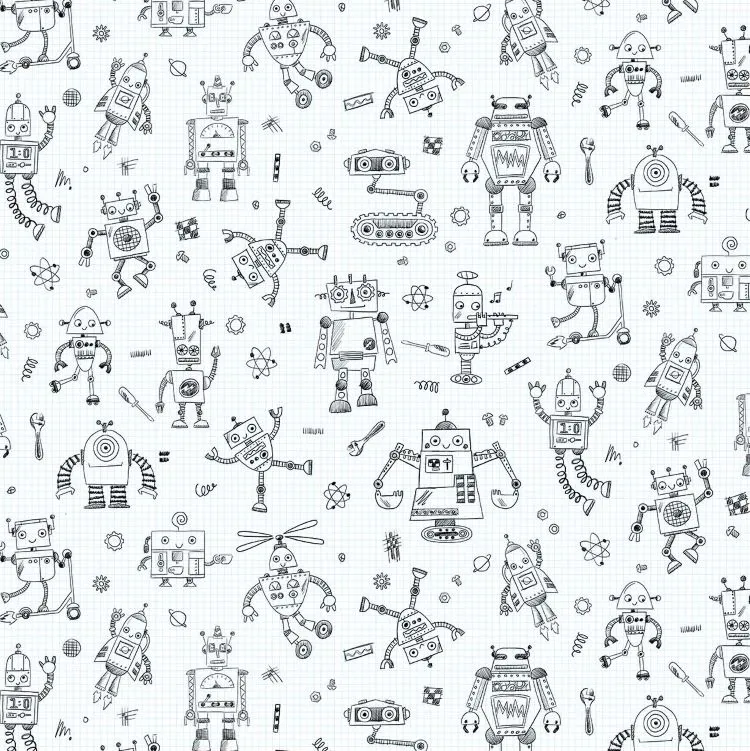 Quilting Fabric - Sketch Robots on White Grid from Rollicking Robots by Patrick Lose for Northcott 10035-10