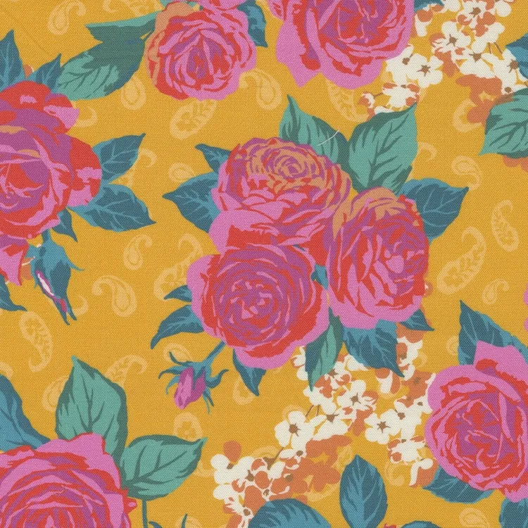 Quilting Fabric - Large Roses on Golden from Paisley Rose by Crystal Manning for Moda 11880 21