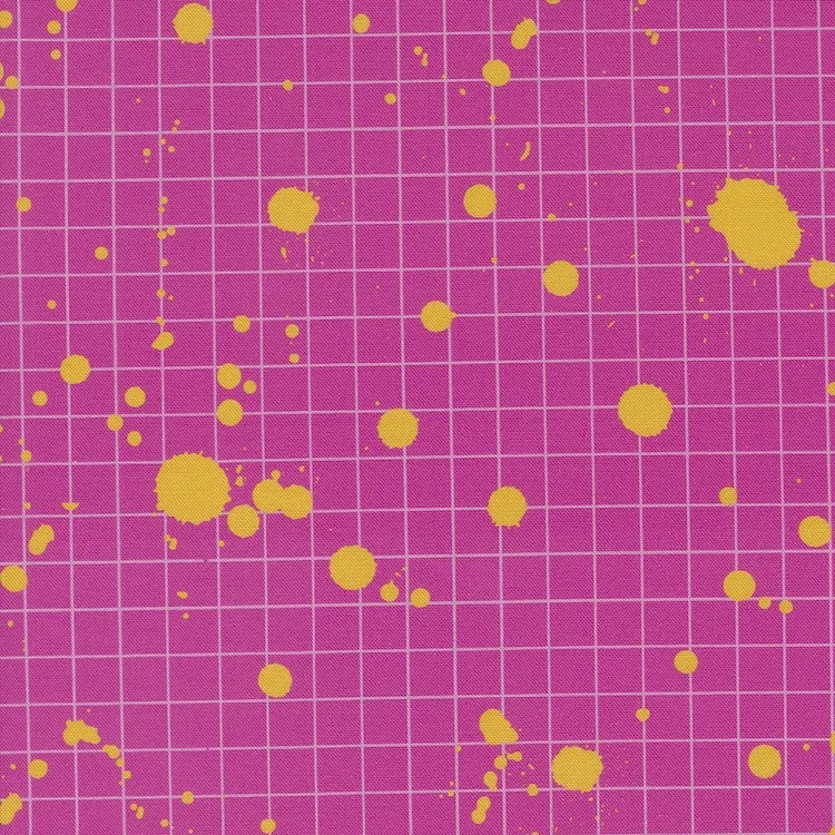 Quilting Fabric - Grid with Yellow Paint Splatters on Pink from Snack Shack by Crystal Manning for Moda 11946-12