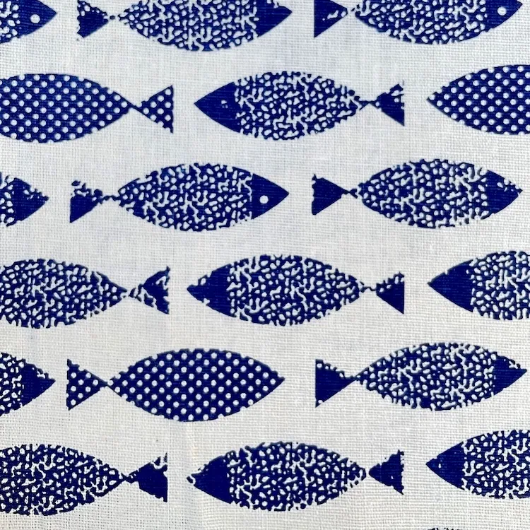 Canvas Fabric with Blue Fish On Off White 