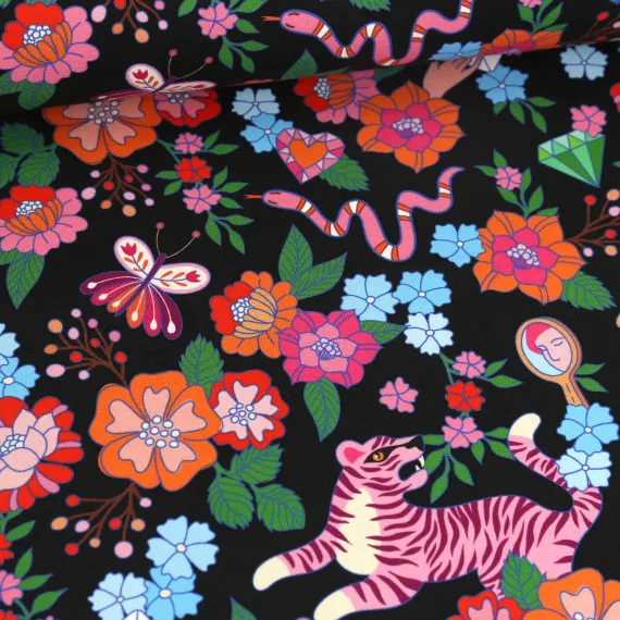 Organic Cotton Summer Sweat Fabric with Colourful Flowers and Tigers on Black