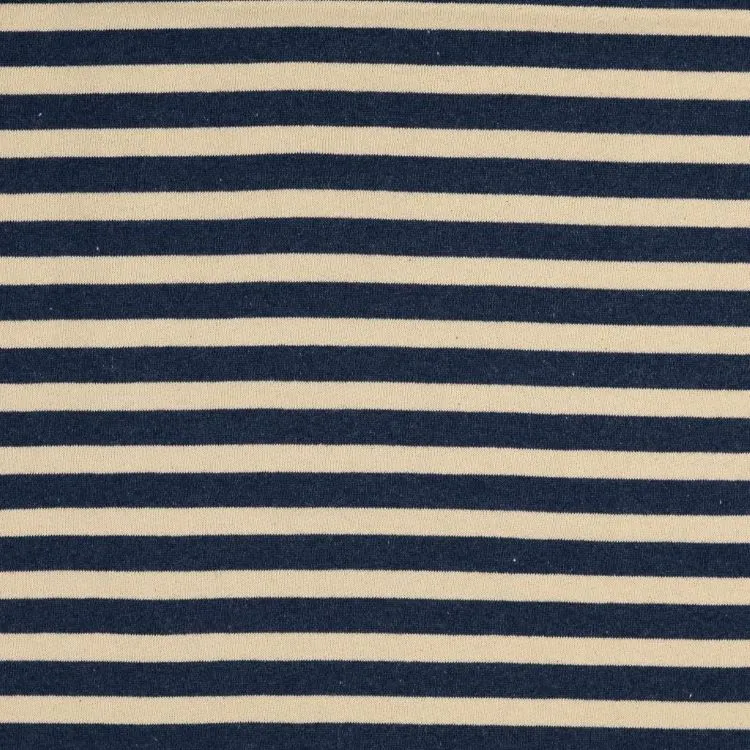 Brushed French Terry Fabric with Denim Blue and Ecru Stripe