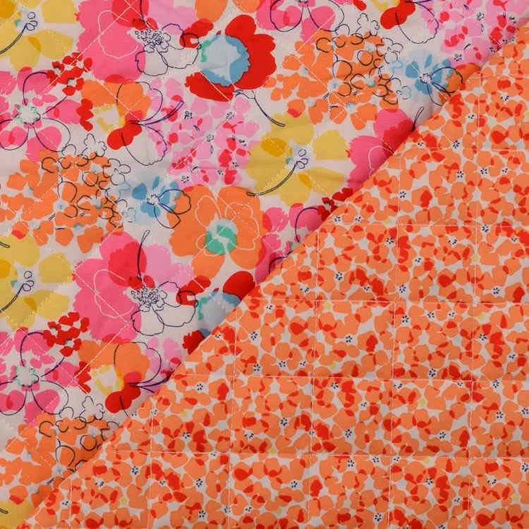 Reversible Cotton Quilted Fabric with Floral Print in Orange Tones