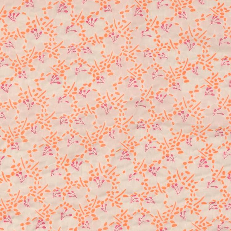 Cotton Seersucker Fabric with Sheer Floral Design with Orange and Pink Details on White