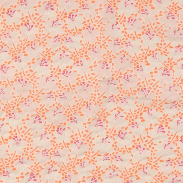 Cotton Seersucker Fabric with Sheer Floral Design with Orange and Pink Details on White