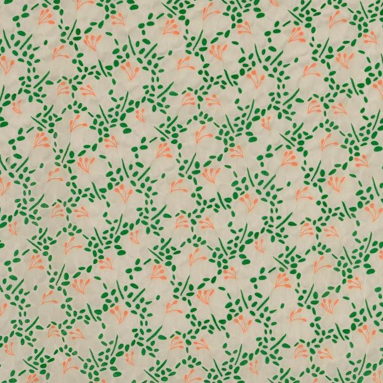 Cotton Seersucker Fabric with Sheer Floral Design with Green and Orange Details on White
