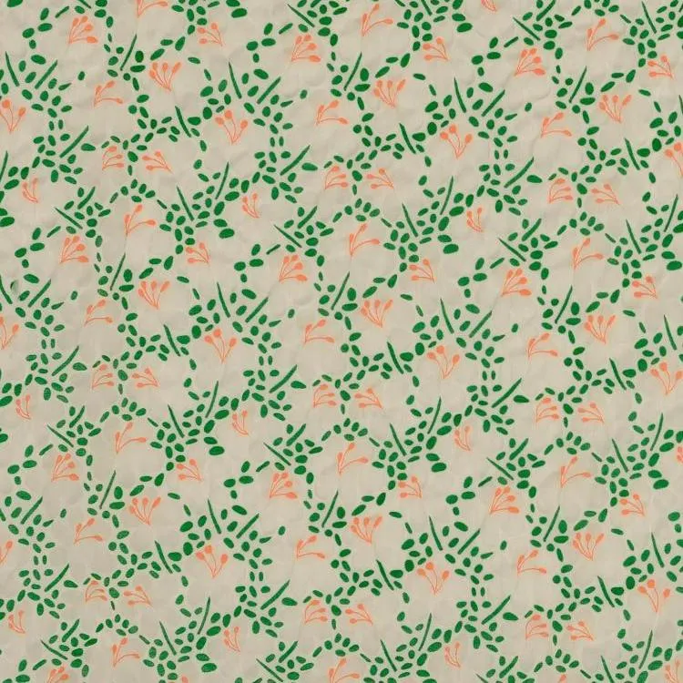 Cotton Seersucker Fabric with Sheer Floral Design with Green and Orange Details on White