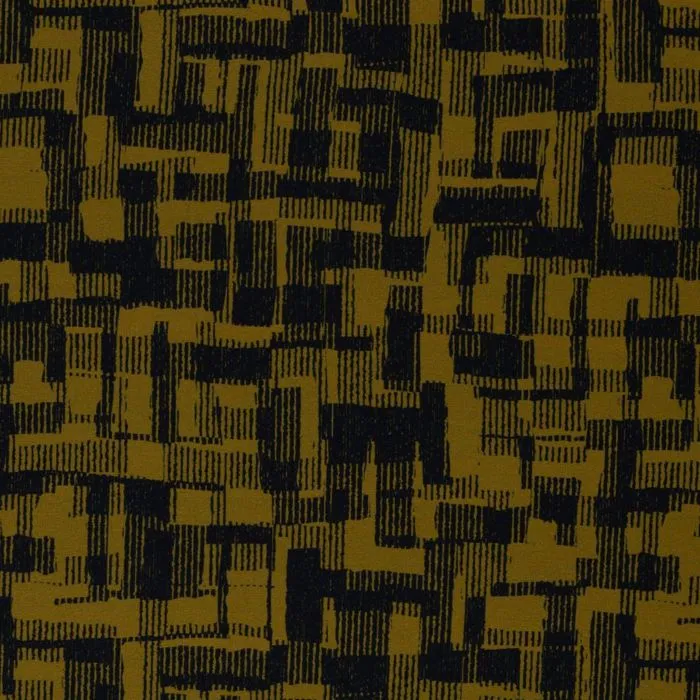 French Terry Fabric with Abstract Black Lines On Dark Mustard