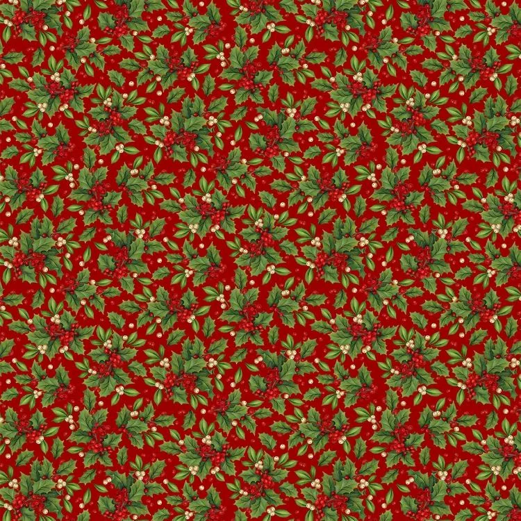 Quilting Fabric - Holly on Red from Old Time Christmas by Liza Bea Studio for Northcott 24138-24