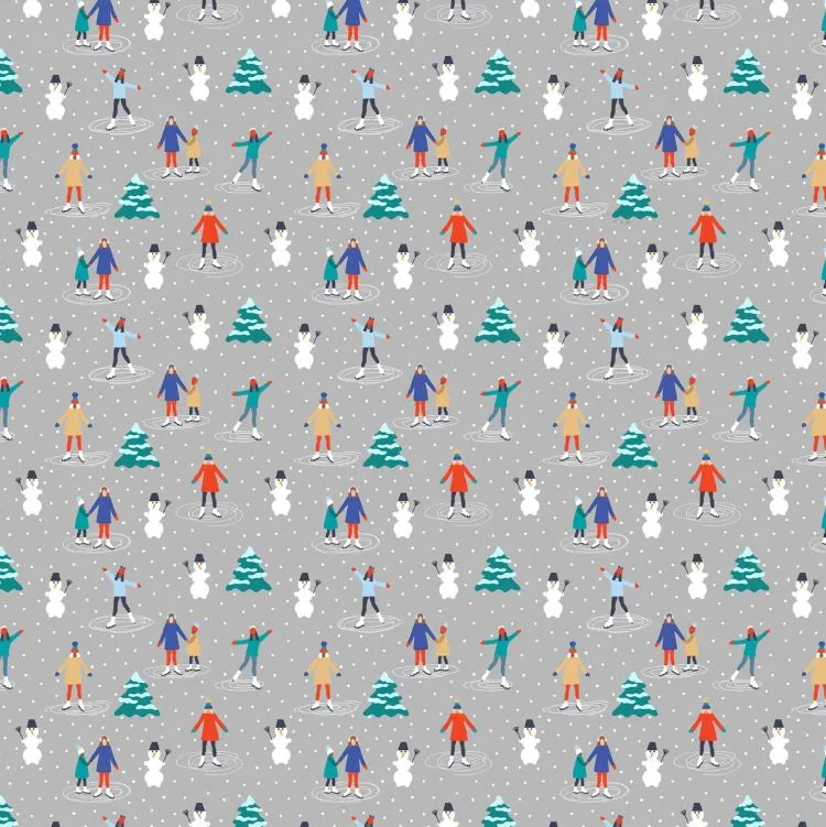 Quilting Fabric - Skaters on Grey from Wintertime Joy by Maria Vaschuck of Ink and Arrow for Quilting Treasures 28416 -K