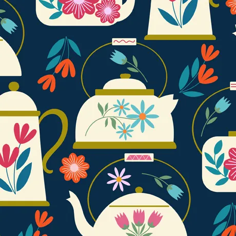 Quilting Fabric - Folk Teapots on Blue from Petal Decor by Ink & Arrow for Quilting Treasures 29099 -N