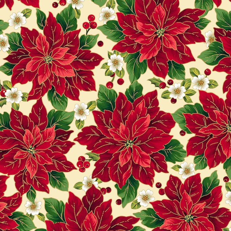 Quilting Fabric - Ponsettias on Cream from Poinsettia Symphony by Quilting Treasures 30298-E