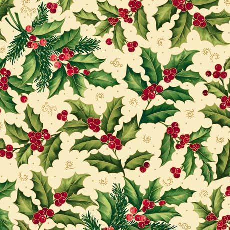 Quilting Fabric - Holly Sprigs on Cream from Poinsettia Symphony by Quilting Treasures 30299-E