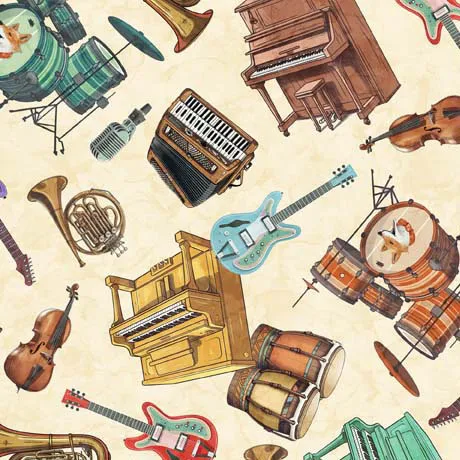 Quilting Fabric - Instruments On Dark Cream from Jug Band Jamboree by Morris Creative for Quilting Treasures 30523-E