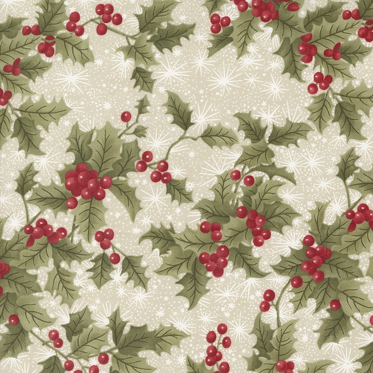 Quilting Fabric - Holly Branches on Light Beige from A Christmas Carol by 3 Sisters for Moda 44352-12