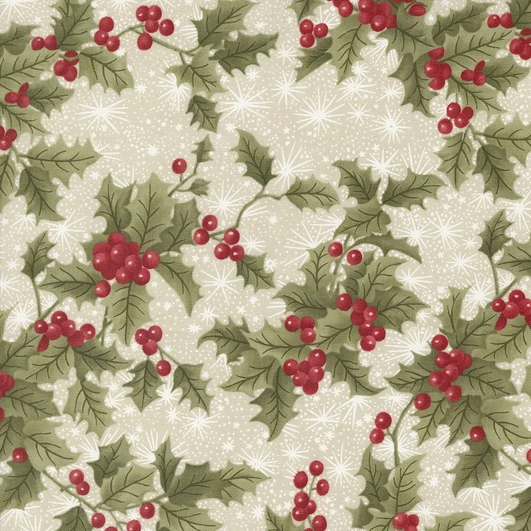 Quilting Fabric - Holly Branches on Light Beige from A Christmas Carol by 3 Sisters for Moda 44352-12