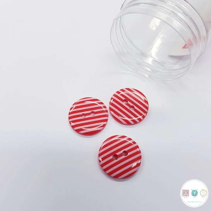 Buttons - 18mm Plastic with White Stripes in Red