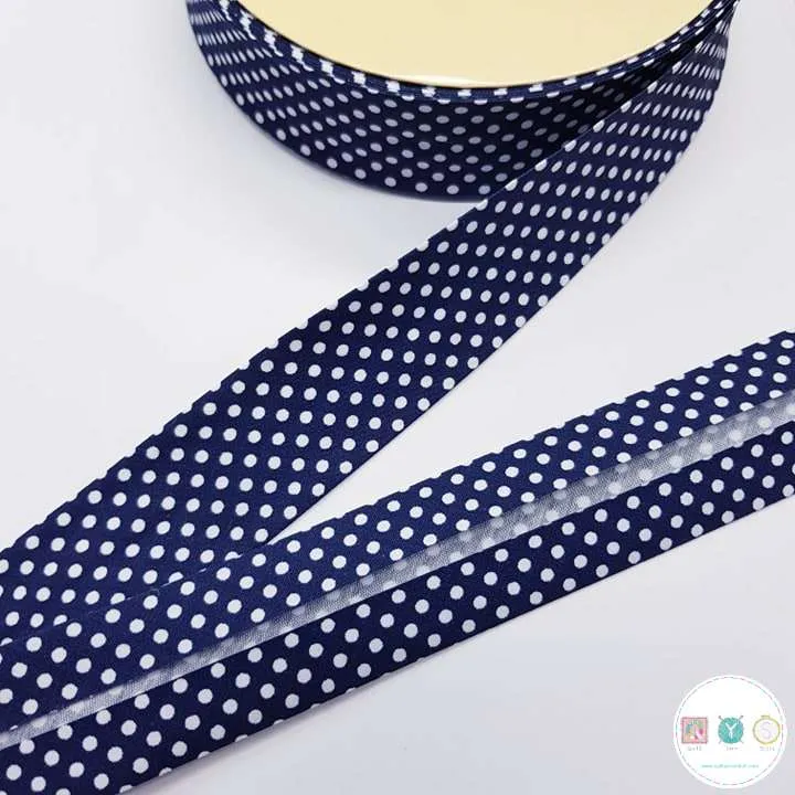 Bias Binding White Dots on Navy - 30mm Wide by Fany