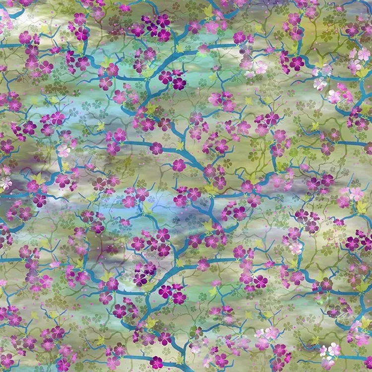 Quilting Fabric - Cherry Blossoms on Green from Oriental Gardens by Jason Yenter for In The Beginning Fabrics 6OG-3