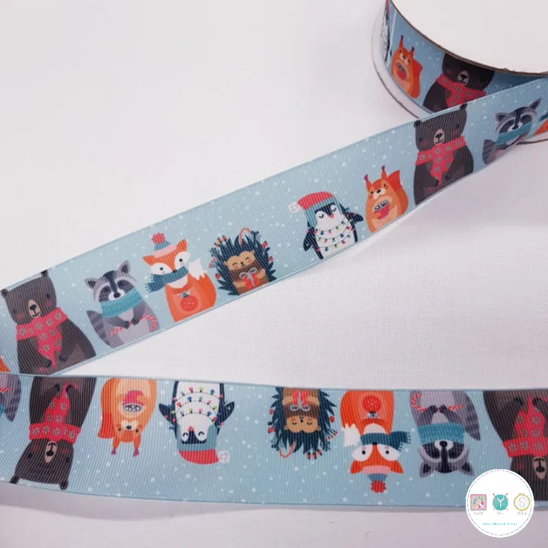 38mm Grosgrain Ribbon with Winter Animals on White 