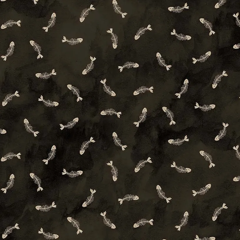 Quilting Fabric - Fish Bones on Black from Marcel for Figo Fabrics 