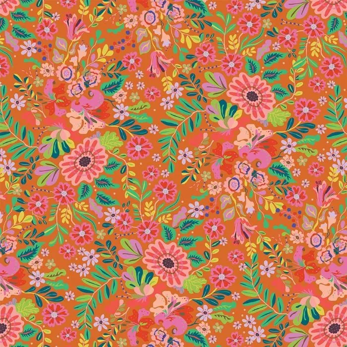 Quilting Fabric - Colourful Floral on Orange from Kindred Sketches by Kathy Doughty for Figo 90526 56