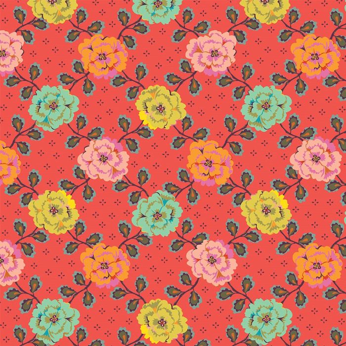 Quilting Fabric - Floral Trellis on Orange Coral from Kindred Sketches by Kathy Doughty for Figo 90527 56