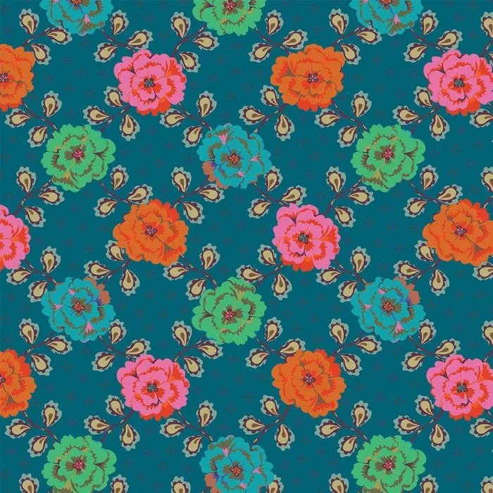 Quilting Fabric - Floral Trellis on Blue from Kindred Sketches by Kathy Doughty for Figo 90527 64