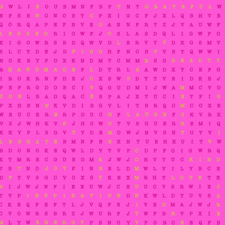 Quilting Fabric - Crossword Style Text with Metallic Accents on Cerise Pink from Party Time by Ghazal Razavi for Figo 90828M-21