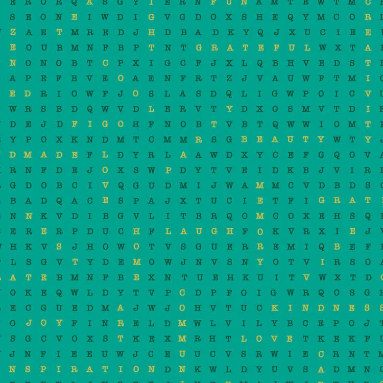 Quilting Fabric - Crossword Style Text with Metallic Accents on Jade Green from Party Time by Ghazal Razavi for Figo 90828M-62