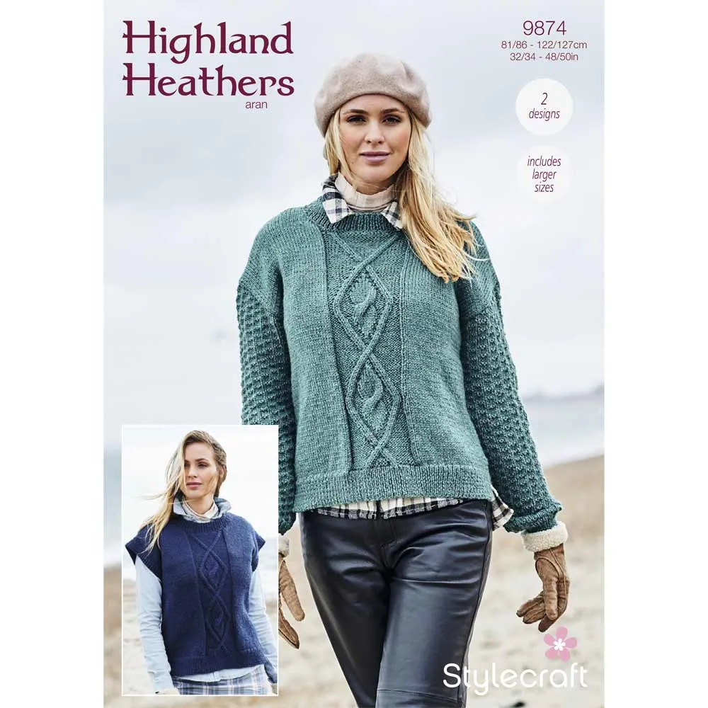 Knitting Pattern - Aran Sweater and Slipover by Stylecraft 9874