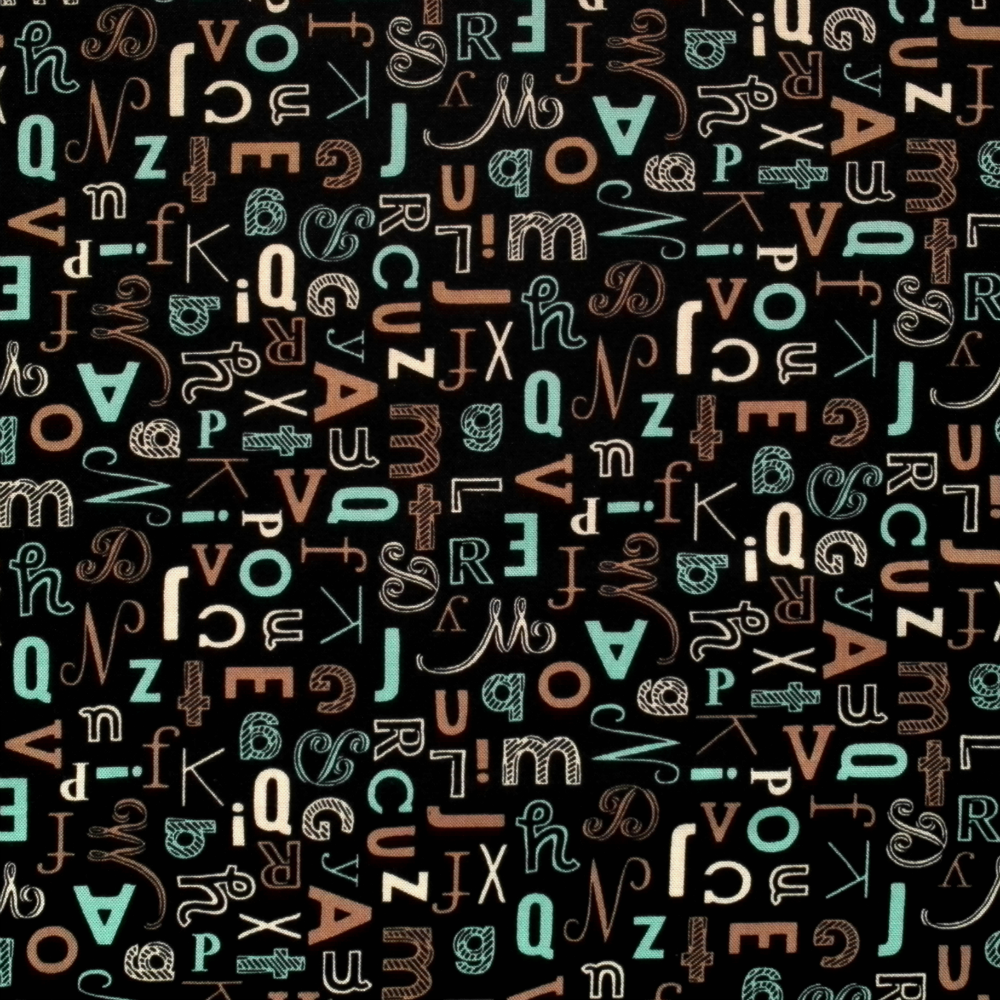 Quilting Fabrics - Letters on Black Background from Elementary by Sweetwater